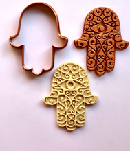 Load image into Gallery viewer, Hamsa Swirl EYE Cookie Cutter w/Fondant Embosser - 2-piece - 4&quot; or 8.5&quot;